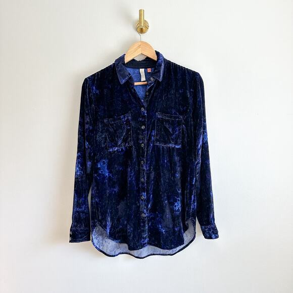 Anthropologie Pilcro Mara Velvet Long Sleeve Button Up Shirt Blue 0 - Picture 1 of 12